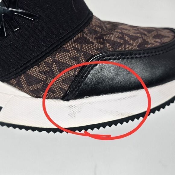 Michael Kors Liv Wedge Booties Womens 5 Black Brown‎ Monogram Soft Knit - Picture 11 of 12